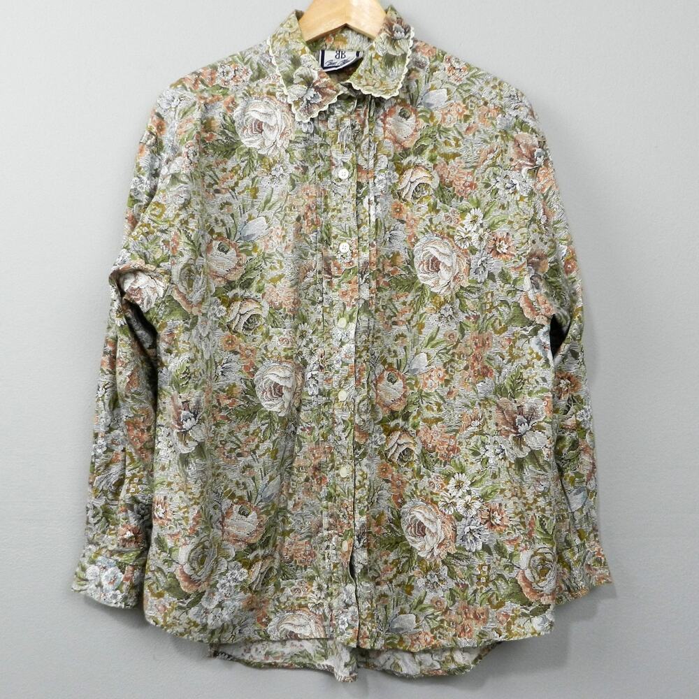 Vtg Bill Blass English‎ Floral Shirt Sz L Lace Trim Collar Long Sleeve Button Up